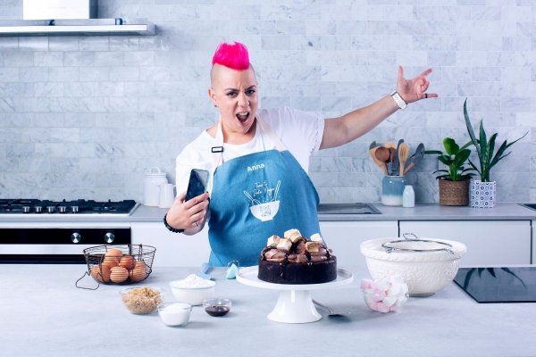 Anna Polyviou in the kitchen with hot chocolate cake