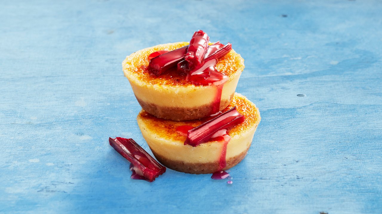 Mini Brulee Cheesecake with Roasted Rhubarb