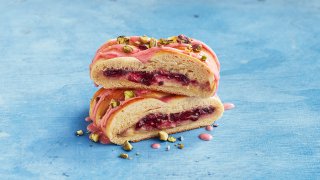 Berry Custard Danish with Raspberry Icing and Pistachios