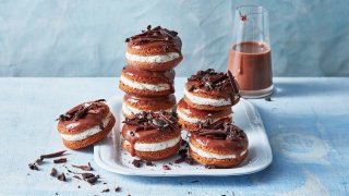 Chocolate Donut Sandwiches with Cookies + Cream Icing and Milk Choc Glaze